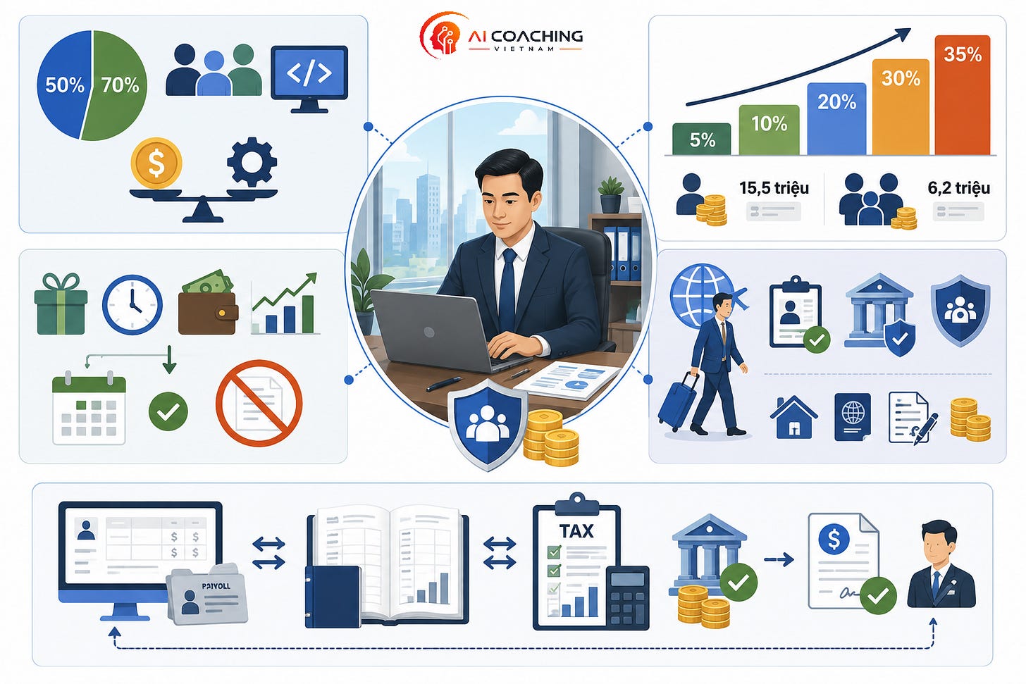 Tham khảo khung benchmark, chi phí nhân sự chiếm khoảng 50%–70% tổng chi phí hoạt động, tùy mô hình kinh doanh và mức độ