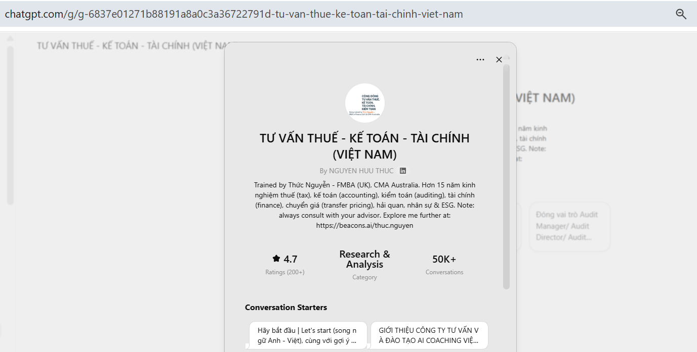 Hãy trải nghiệm trợ lý GPT chuyên ngành của chúng tôi dành cho cộng đồng Tư vấn Thuế - Kế toán - Kiểm toán - Tài chính (