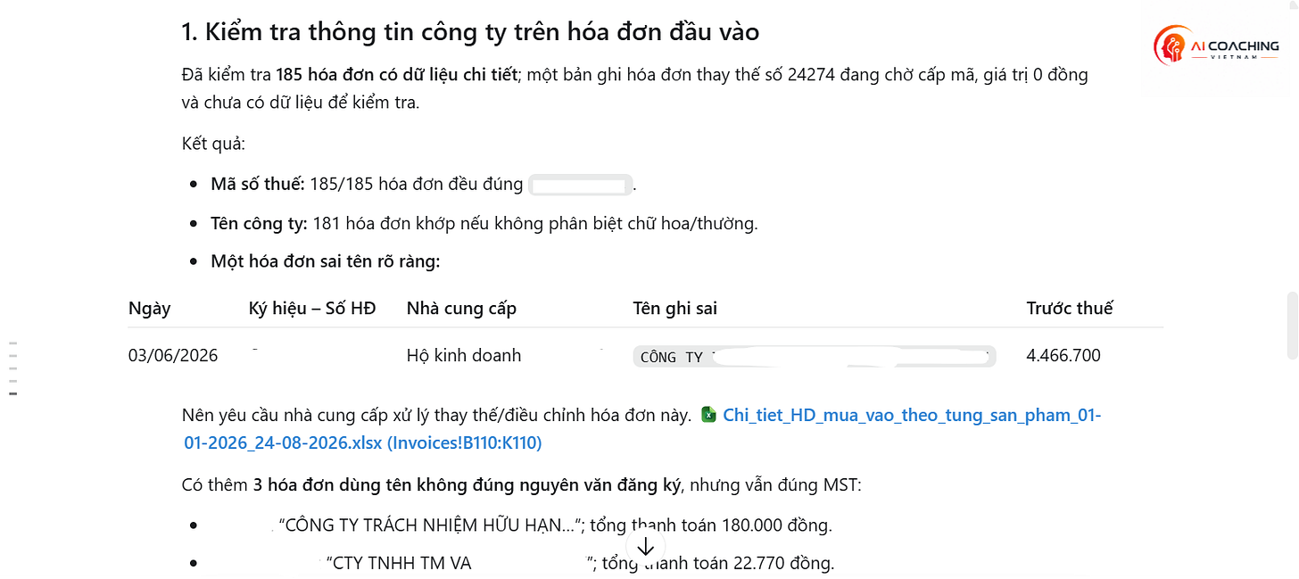 Kết quả trợ lý ChatGPT Work giúp tôi đóng vai AP (kế toán thanh toán) và check chứng từ hóa đơn với câu lệnh: “Hãy kiểm