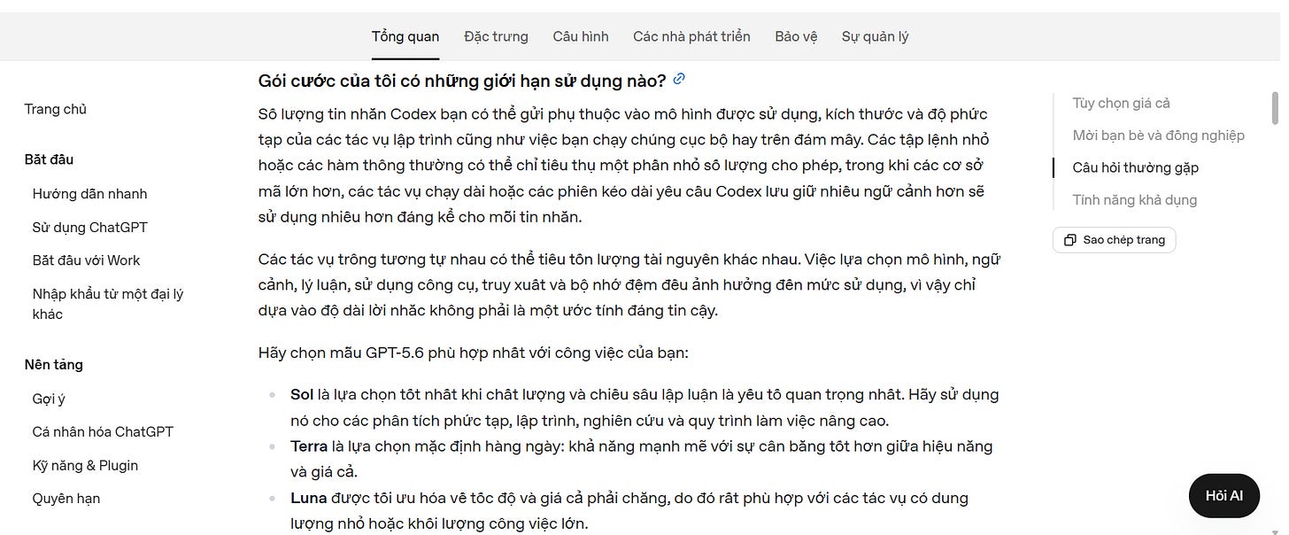 Tìm hiểu thêm Bảng giá và gói cước đang sử dụng có những giới hạn nào tại link này: https://learn.chatgpt.com/docs/prici