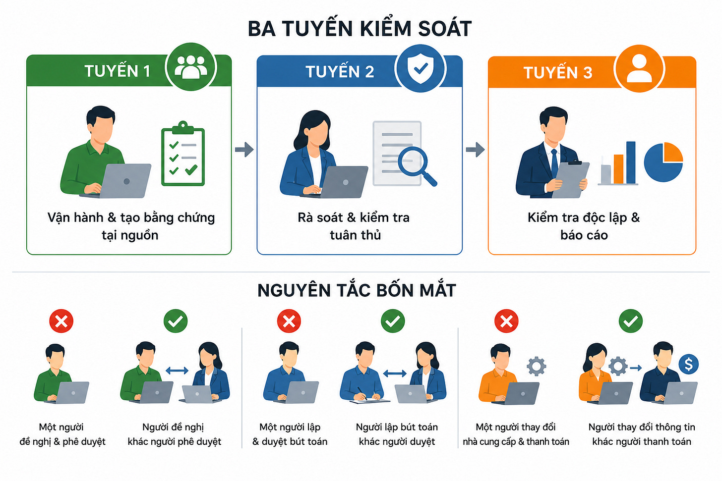 Ba tuyến kiểm soát kết hợp nguyên tắc bốn mắt giúp phân tách trách nhiệm, tăng tính độc lập và giảm rủi ro sai sót, gian