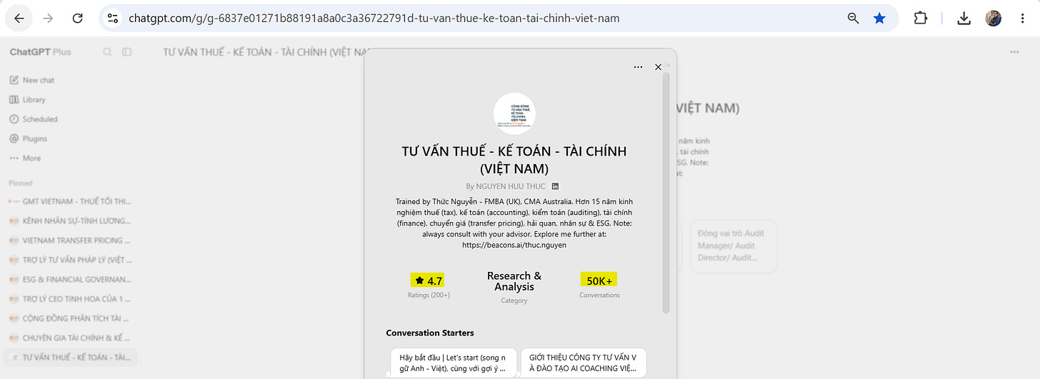 Xin chào! Tôi là GPT “TƯ VẤN THUẾ - KẾ TOÁN - KIỂ TOÁN - TÀI CHÍNH (VIỆT NAM)” (https://chatgpt.com/g/g-6837e01271b88191